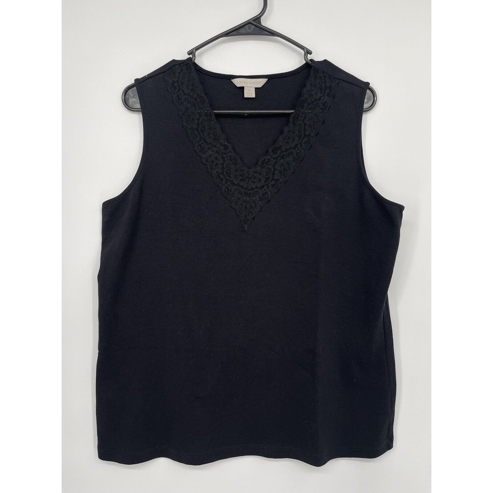 Laura Ashley 1X‎ Tank Top Womens Black Excellent Lace Trim V-Neck Cotton Blend